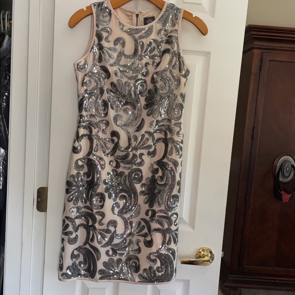 Vince Camuto sleeveless cream dress with silver sequin embellishment